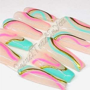 Press-On Nail Set — Pastel Pink & Teal Swirl with Gold Accent